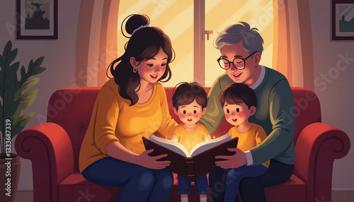 Grandparents sharing enchanting stories with kids in cozy living room, family bonding