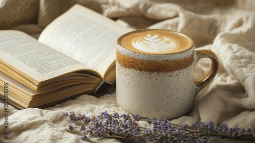 Artisan Ceramic Mug with Cappuccino, Book, and Lavender