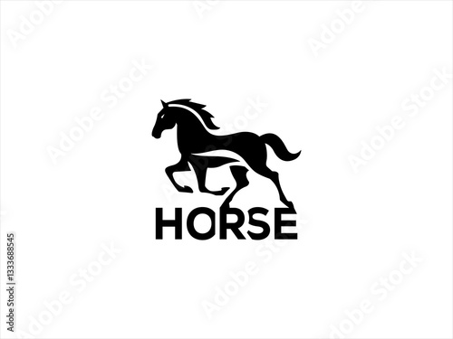 Dynamic black silhouette of a running horse logo.