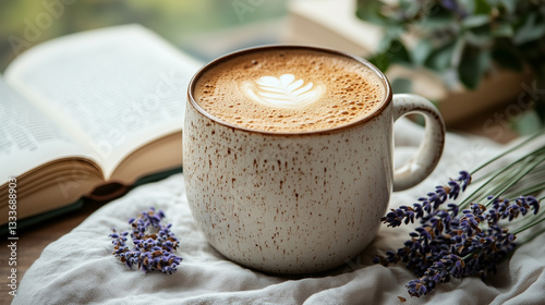Artisan Ceramic Mug with Cappuccino, Book, and Lavender