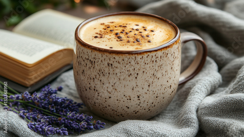 Artisan Ceramic Mug with Cappuccino, Book, and Lavender