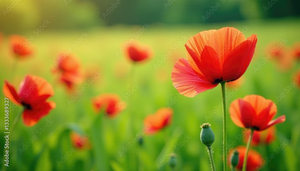 Soft pink petals of red poppies sway gently in the breeze amidst lush green grass, landscape, flowers Soft pink petals of red poppies sway gently in the breeze amidst lush green grass, landscape, flowers