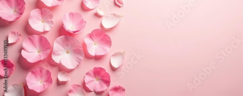 Soft pink rose petals scattered on a cream-colored background, petal, gentle, flowers