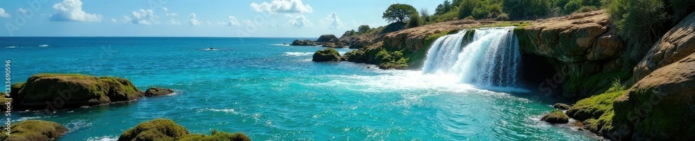 Fototapeta premium Turquoise water cascading over moss-covered stones, sky, blue, water