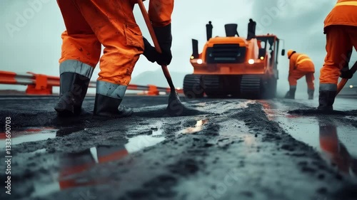 Wallpaper Mural A road construction or repairing scene, with piles of asphalt being adjusted by workers wearing orange safety jackets and machine equipment in background, work and industrial atmosphere Torontodigital.ca