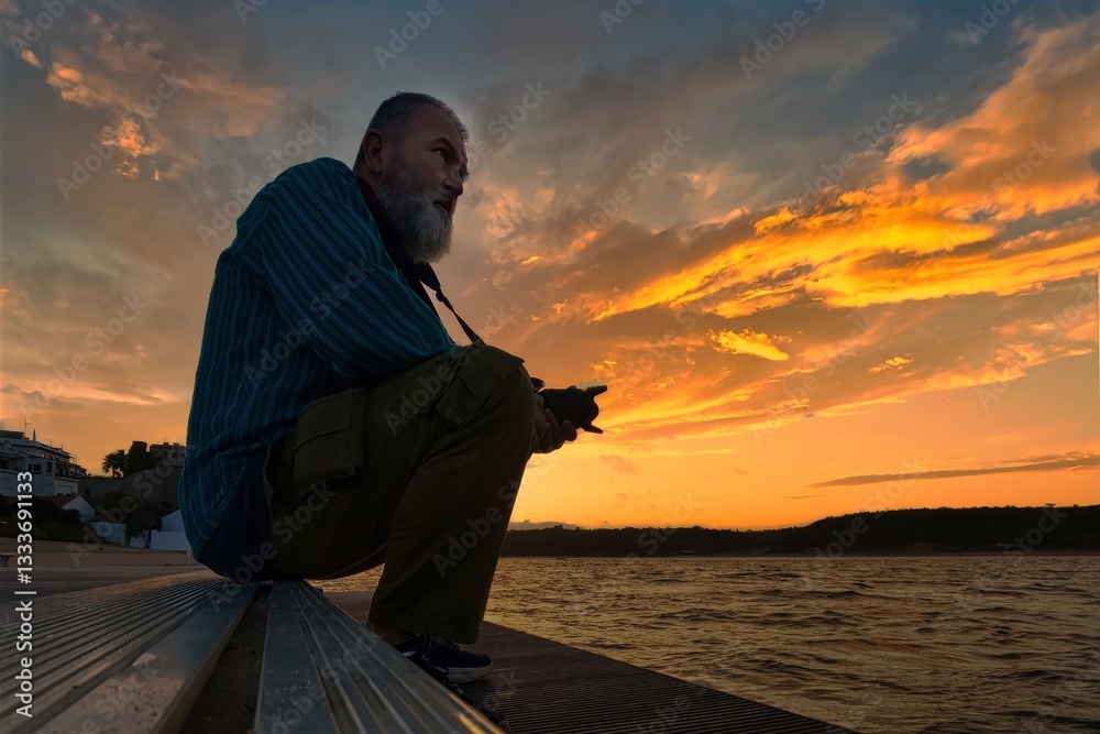 Fototapeta premium A man sitting on a pier at sunset