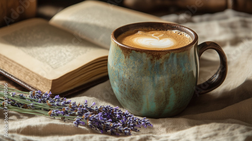 Artisan Ceramic Mug with Cappuccino, Book, and Lavender