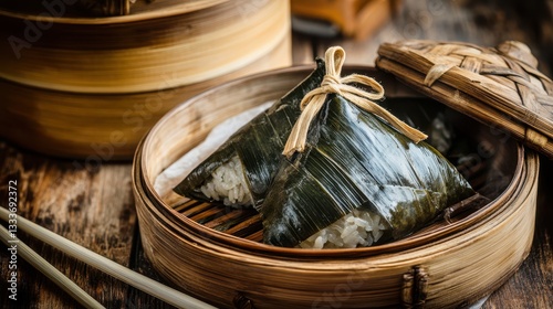 Traditional Chinese rice dumplings (Zongzi), wrapped in bamboo leaves, are presented in a rustic bamboo steamer. photo