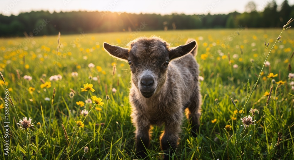 Obraz premium Baby goat in blooming meadow at sunset. Farm animal in wildflower field. Sustainable agriculture and local food concept. Rural scene with livestock and nature