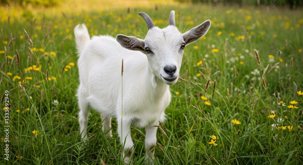 Young white goat standing in green meadow with yellow wildflowers. Farm animal in natural habitat. Sustainable agriculture and local food concept. Rural scenery. Young white goat standing in green meadow with yellow wildflowers. Farm animal in natural habitat. Sustainable agriculture and local food concept. Rural scenery.