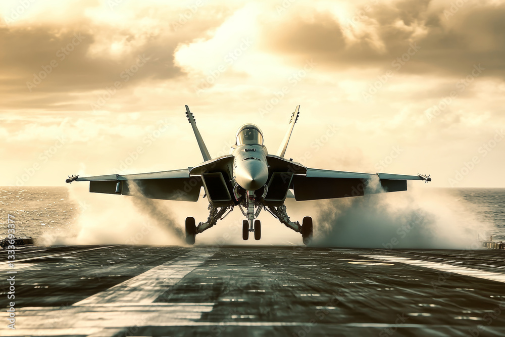 Fototapeta premium Fighter jet ascends from aircraft carrier deck, showcasing powerful takeoff against dramatic coastal backdrop