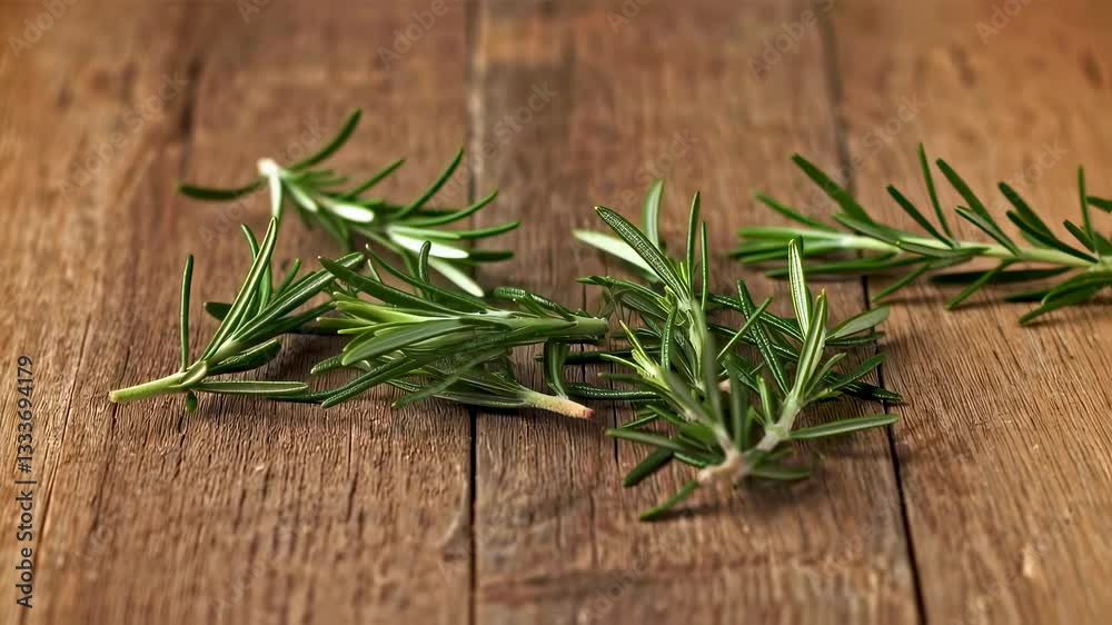 Falling Rosemary Sprigs on Wood Background