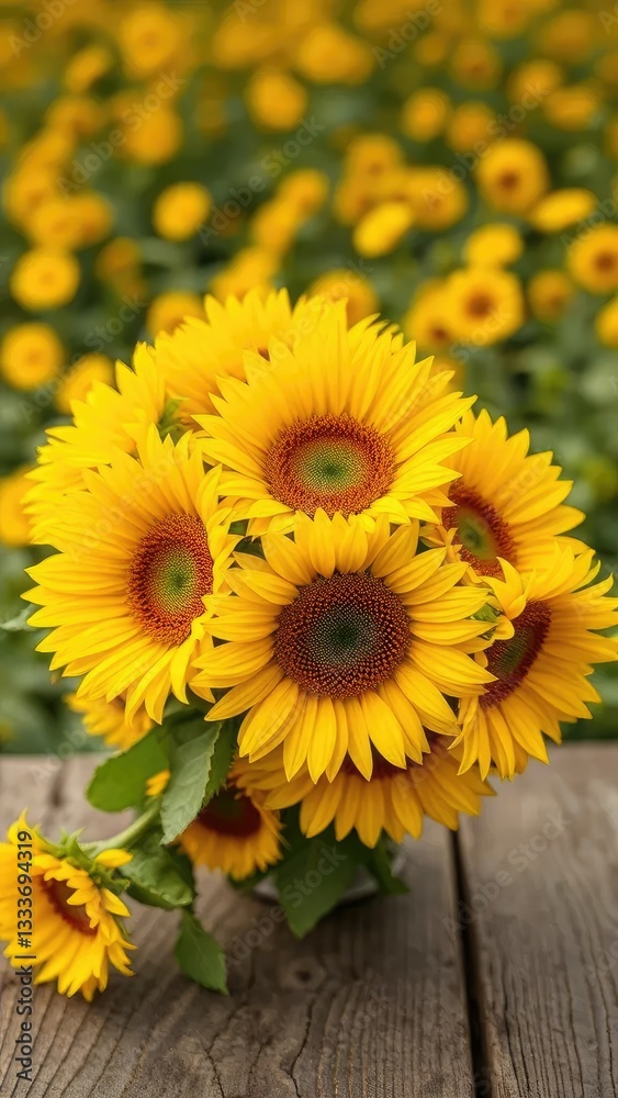Naklejka premium A bouquet of bright yellow sunflowers on a wooden table, flower field, flowers