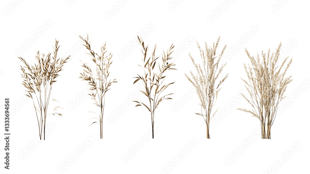 Fototapeta premium Collection of dried pampas grass plumes isolated on a transparent background perfect for bohemian decor marketing materials.