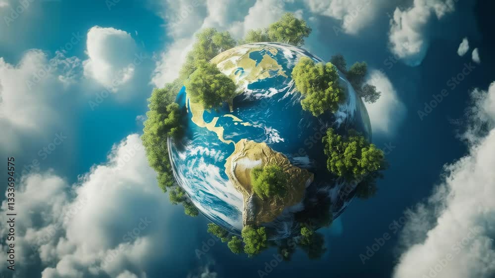 A detailed floating Earth planet with trees and blue water on it, surrounded by clouds. Sustainable science concept. A detailed floating Earth planet with trees and blue water on it, surrounded by clouds. Sustainable science concept.