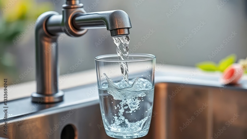 A faucet releases a steady stream of water into a waiting glass, releasing, natural, peaceful A faucet releases a steady stream of water into a waiting glass, releasing, natural, peaceful