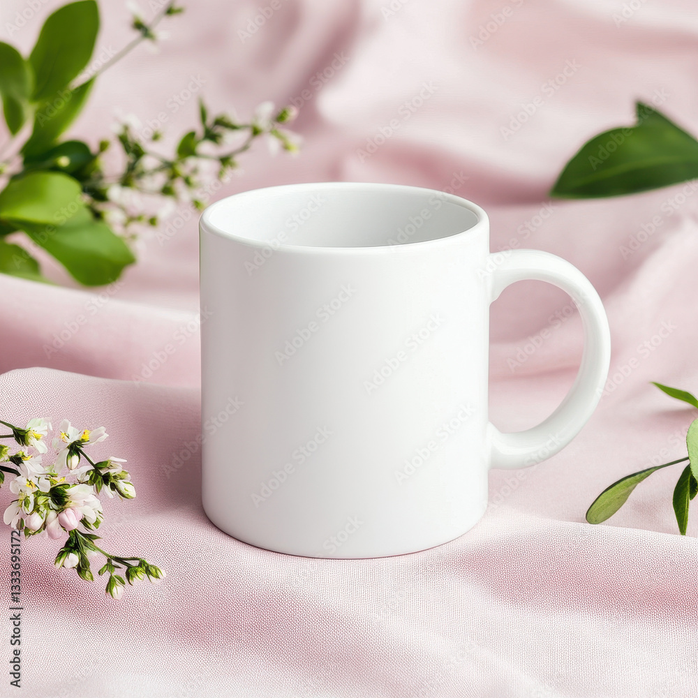 minimalist white ceramic mug on soft pink fabric background, surrounded by delicate flowers and green leaves, creating serene and elegant atmosphere minimalist white ceramic mug on soft pink fabric background, surrounded by delicate flowers and green leaves, creating serene and elegant atmosphere
