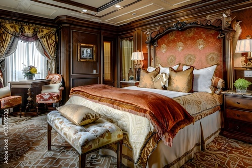 Luxurious Master Bedroom Interior Design. Elegant Bed with Rich Fabrics and Wooden Accents. Featuring Decorative Pillows and a Plush Throw. Adorned with Ornate Headboard and Exquisite Details in a Sum photo
