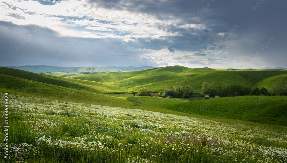 Obraz premium serene spring rural landscape features green meadow on rolling hills adorned with wildflowers under cloudy sky