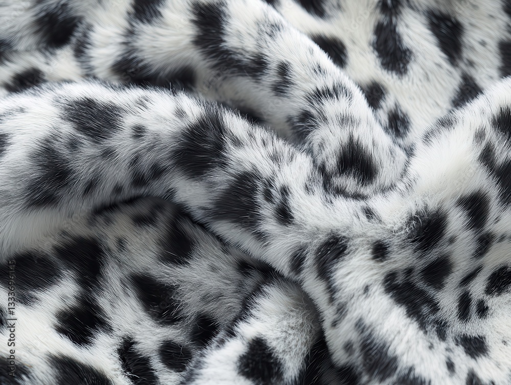 Close-Up of Soft Faux Fur Textile with Bold Black Spots on White Background for Cozy Fashion and Home Decor Ideas Close-Up of Soft Faux Fur Textile with Bold Black Spots on White Background for Cozy Fashion and Home Decor Ideas