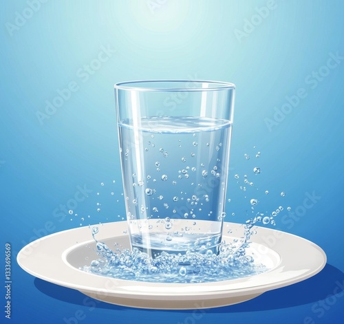 Glass of water splashing onto plate on a light blue background