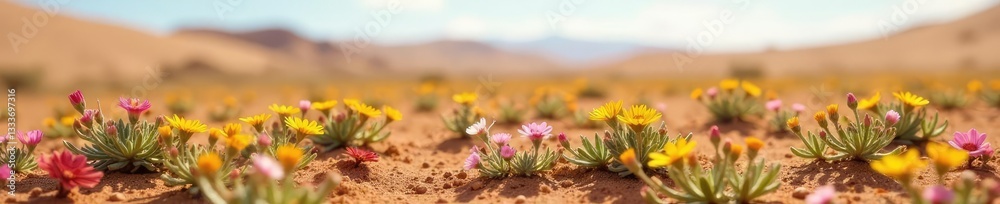 Obraz premium Desert landscape with tiny wildflowers in shades of pink and yellow, arid land, meadow