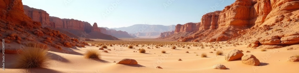 Fototapeta premium Desert landscape with volcanic rock formations eroded into unique shapes, natural wonder, earthy textures