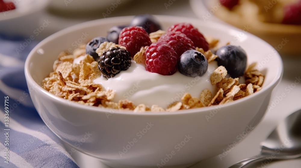 Yogurt in a white bowl topped with crunchy cereal flakes and fresh berries, served on a table, offering a nutritious and appetizing breakfast.