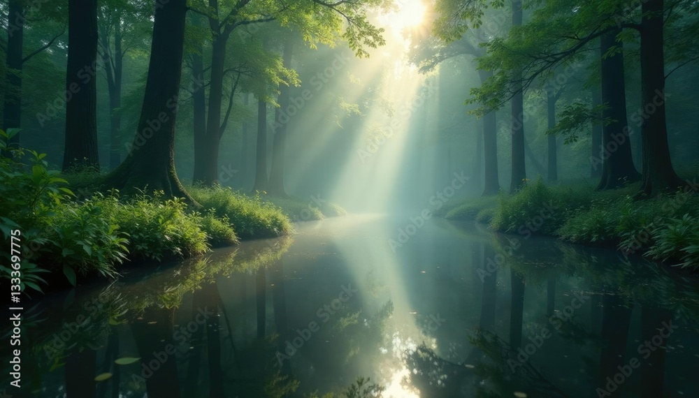 Fototapeta premium Dewy pond surface reflected in the misty forest atmosphere, calm, forest