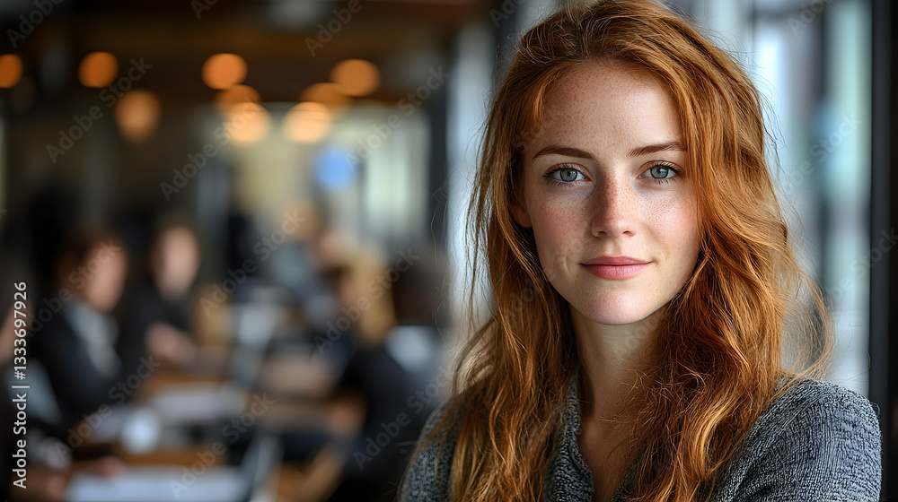 Confident redhead professional in casual office setting exudes tranquility Confident redhead professional in casual office setting exudes tranquility