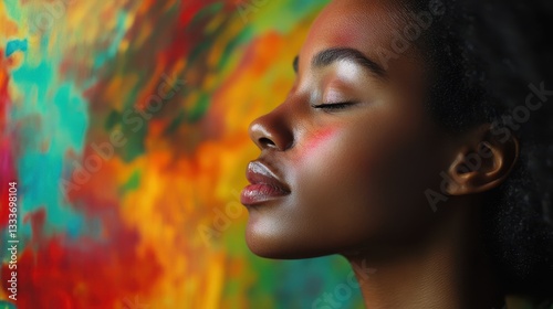 Young woman in deep thought, set against a vibrant background featuring creative artistic strokes, blending introspection with abstract artistry. photo
