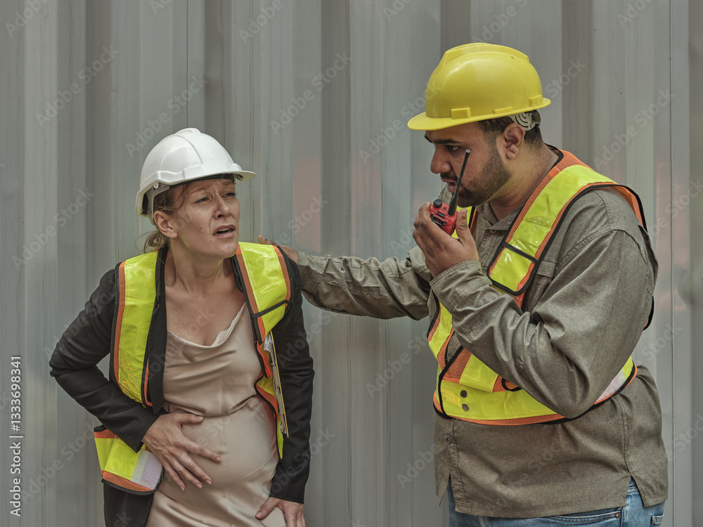 Pregnant female worker struggles in container yard and gets help from walkie-talkie in emergency