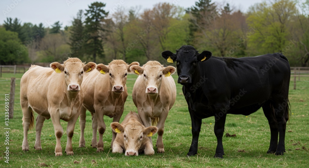 Mixed herd of cattle grazing in rural pasture. Dairy and beef farm animals. Sustainable agriculture, livestock breeding, and meat production concept. Spring countryside view. Mixed herd of cattle grazing in rural pasture. Dairy and beef farm animals. Sustainable agriculture, livestock breeding, and meat production concept. Spring countryside view.