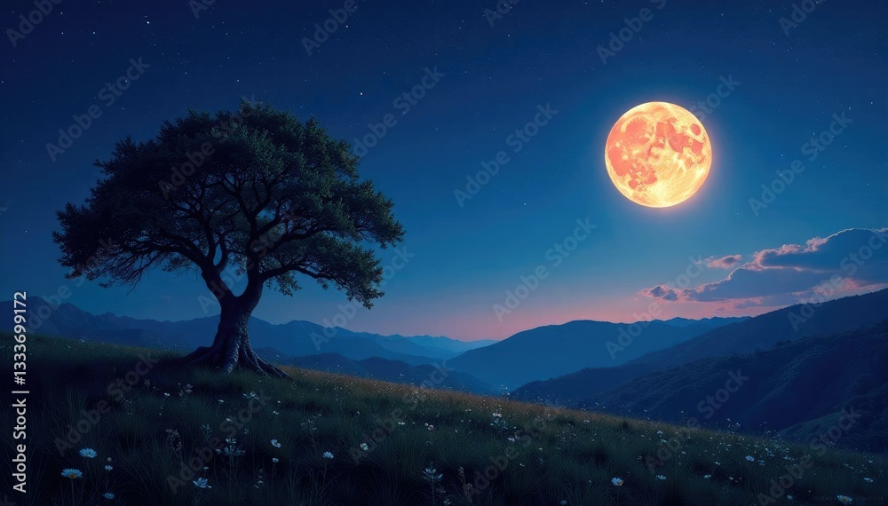 Fototapeta premium Luminous landscape with twisted trees under starry night sky, mystic, moon, landscape