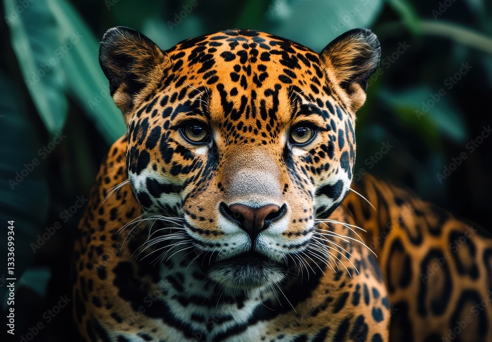Obraz premium Close-Up Portrait of a Fierce Yet Majestic Jaguar Surrounded by Lush Greenery in a Tropical Environment