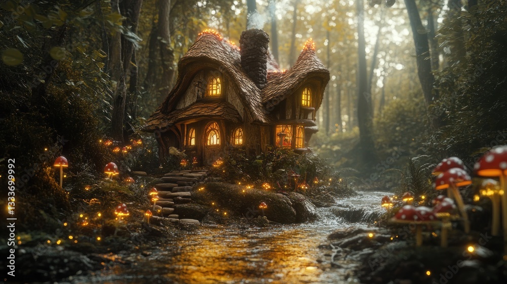 Fototapeta premium Whimsical woodland cottage illuminated amidst glowing mushrooms and a gentle stream
