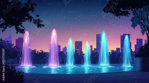 Colorful illuminated fountains in a city park at twilight, with a starry sky and urban skyline