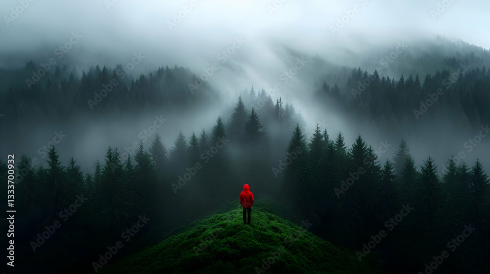 Lone Hiker in Red Jacket on Misty Mountaintop Lone Hiker in Red Jacket on Misty Mountaintop