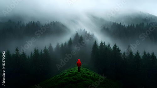 Lone Hiker in Red Jacket on Misty Mountaintop