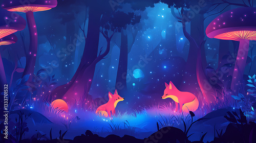 Two vibrant foxes in a mystical forest illuminated by glowing mushrooms and twinkling stars