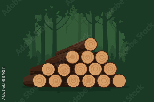 Wood logs in forest. Deforestation and habitat loss. Landscape with logging and land clearance. Clear cutting for stock of building materials. Vector flat illustration