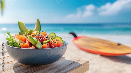 Vibrant poke bowl with tuna and avocado against a sunny beach backdrop. Generative AI