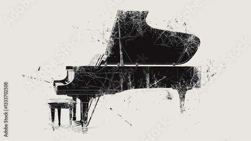 The image is a monochrome, abstract depiction of a grand piano. The piano is rendered in shades of black and grey against a light grey background.  The style is grunge-like, with a textured effect