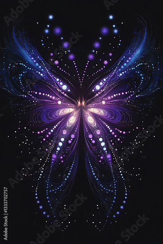 Abstract digital butterfly illustration with vibrant purple and blue colors on a black background