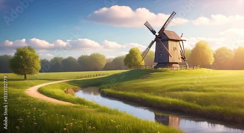 Traditional Wooden Windmill on a Sunny Hilltop