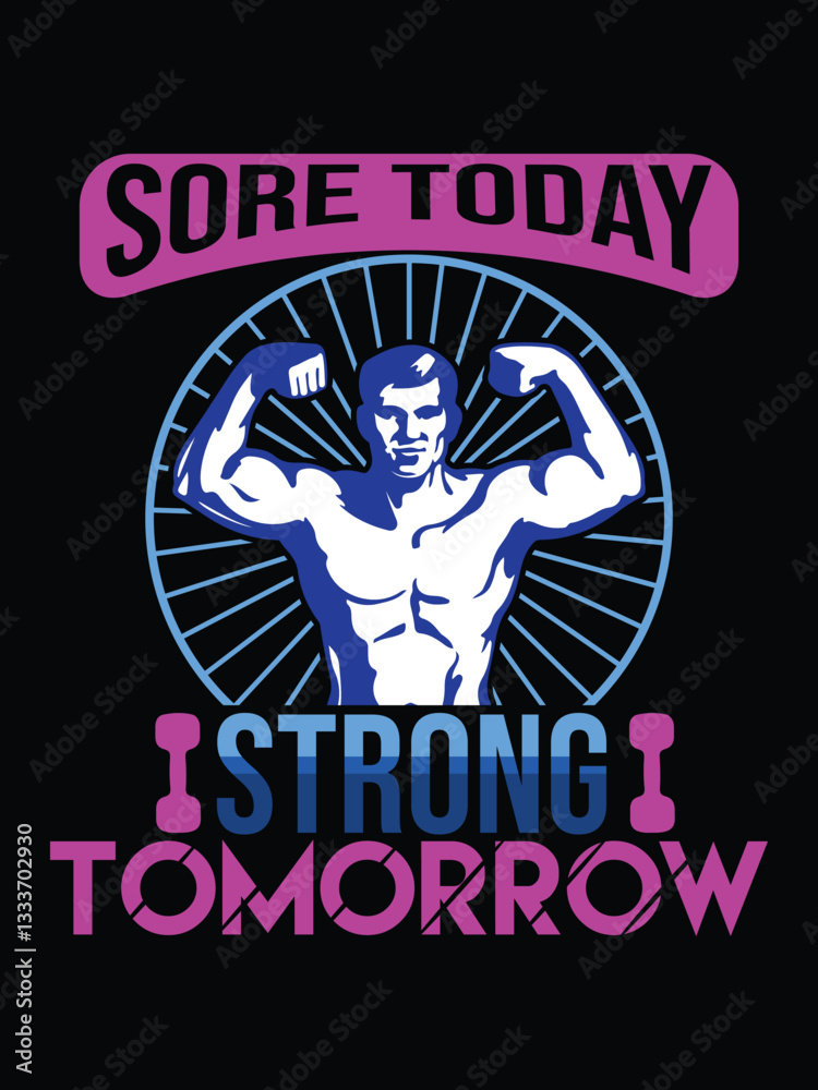 Naklejka premium **Gym T-Shirt Design Vector** – High-quality vector file featuring a bold fitness-themed graphic, perfect for workout apparel. Includes weights, dumbbells, muscular figures, and strong typography. Ful