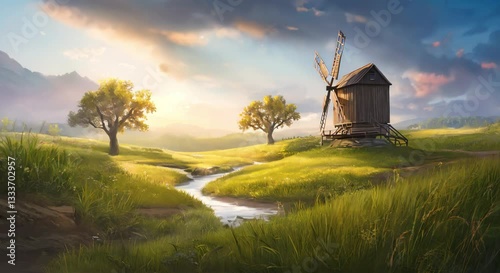 Serene Green Fields Surrounding a Charming Windmill