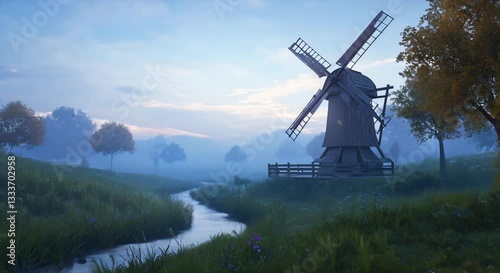 Sunlit Meadows and a Rustic Windmill Under a Blue Sky