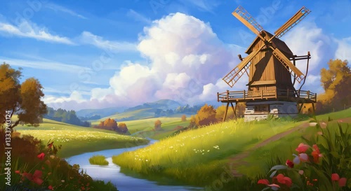 Historic Wooden Windmill Standing Against Rolling Hills