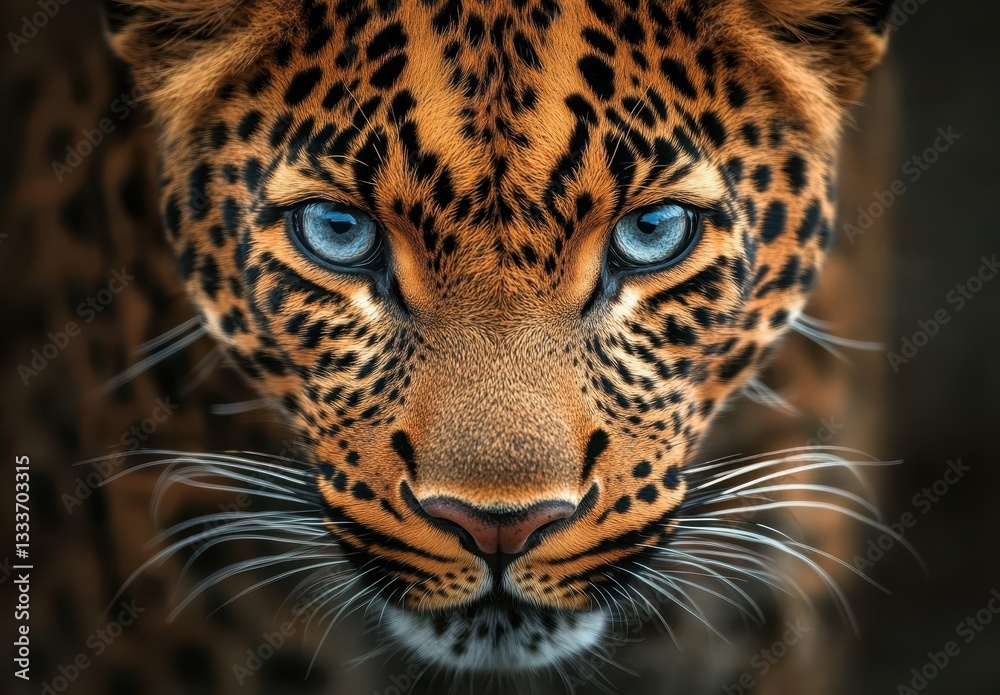 Close-up Portrait of a Majestic Leopard with Striking Blue Eyes and Distinctive Fur Pattern in Natural Habitat Close-up Portrait of a Majestic Leopard with Striking Blue Eyes and Distinctive Fur Pattern in Natural Habitat